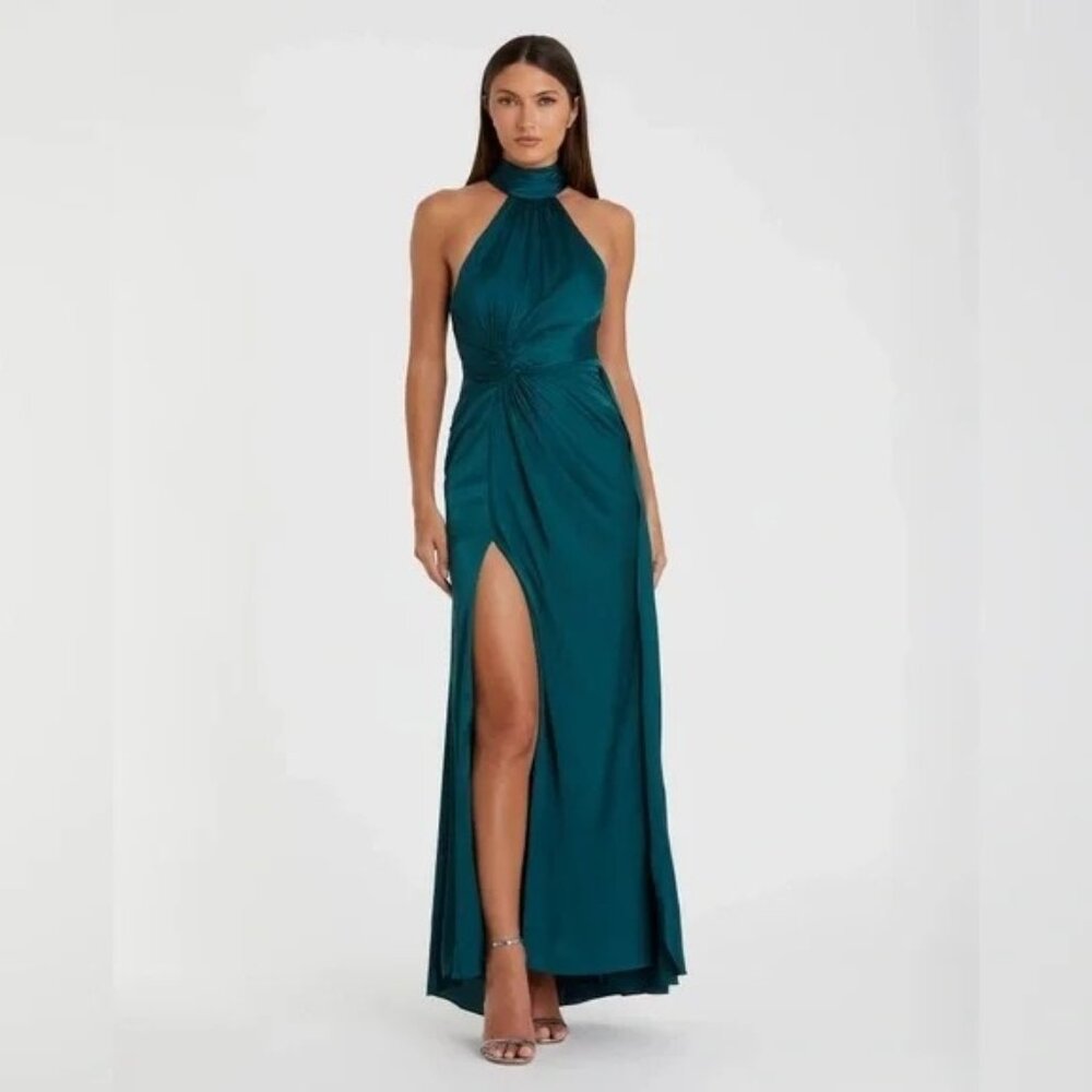 Mac Duggal Blue Halter Slit Gown